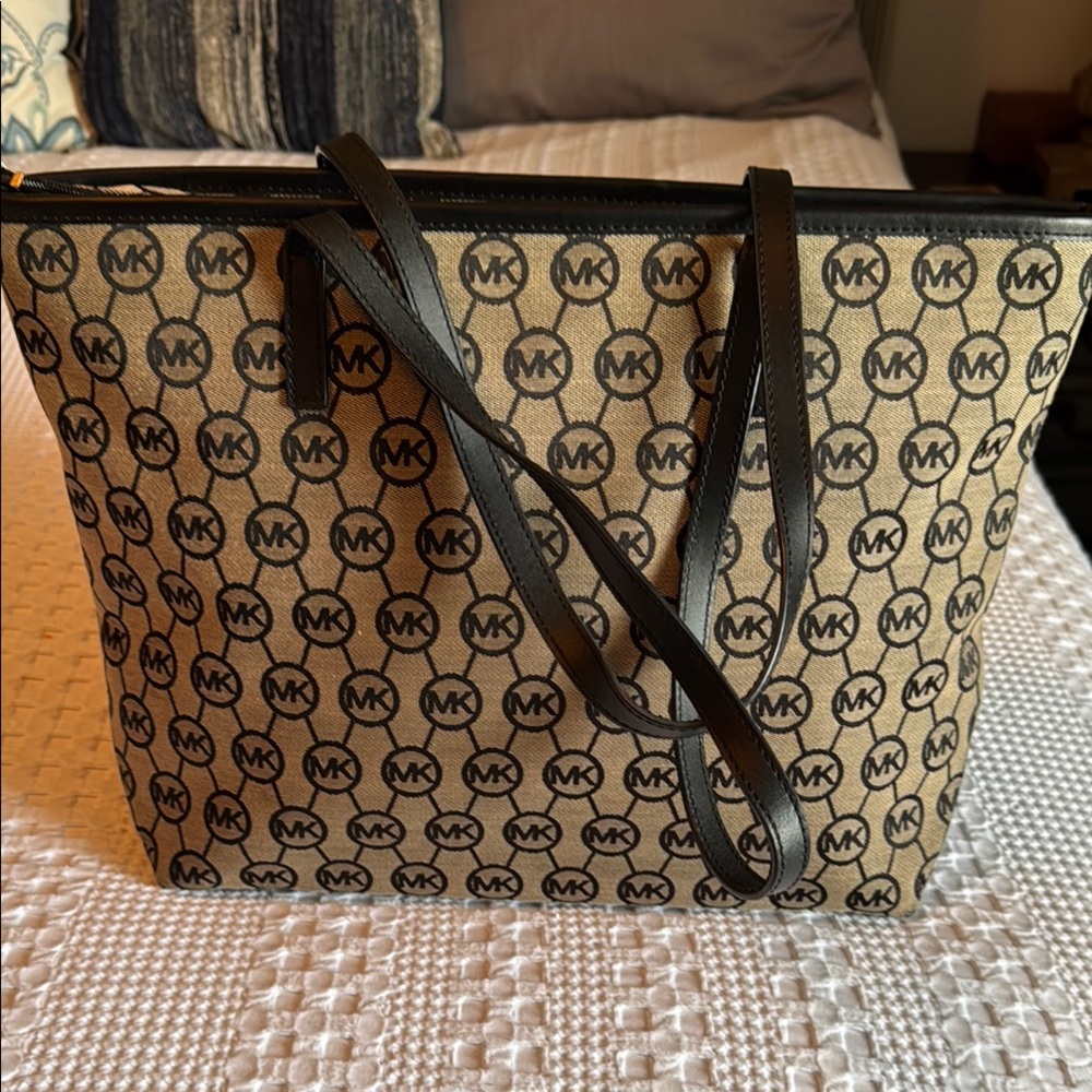Michael Kors Brown and Black Tote Bag with Signature MK Pattern